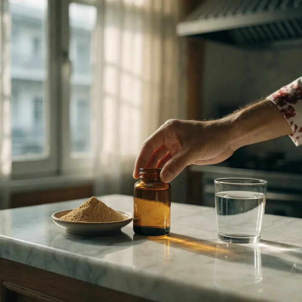 A hand lifting a matte black supplement container from a clean ice-white counter