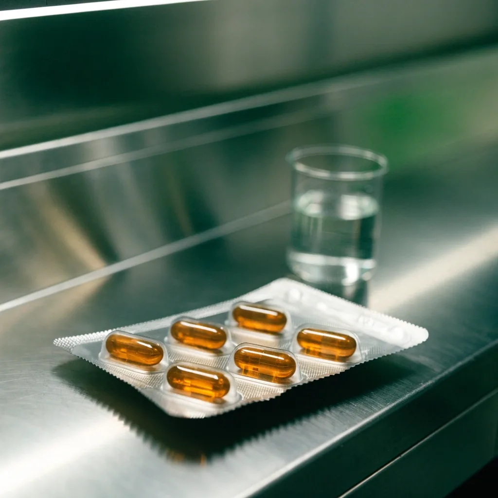 Amber capsules resting in an open foil blister tray on a cool matte bench under cleanroom light