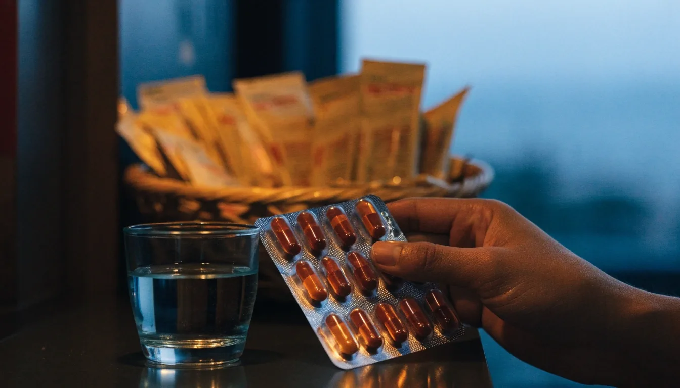 Amber capsules resting in an open foil blister tray on a matte bench under cold overhead light