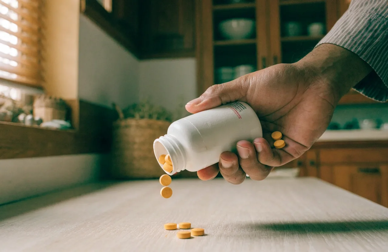 Round compressed multivitamin tablets spilled from a white bottle onto a pale plinth under cool light