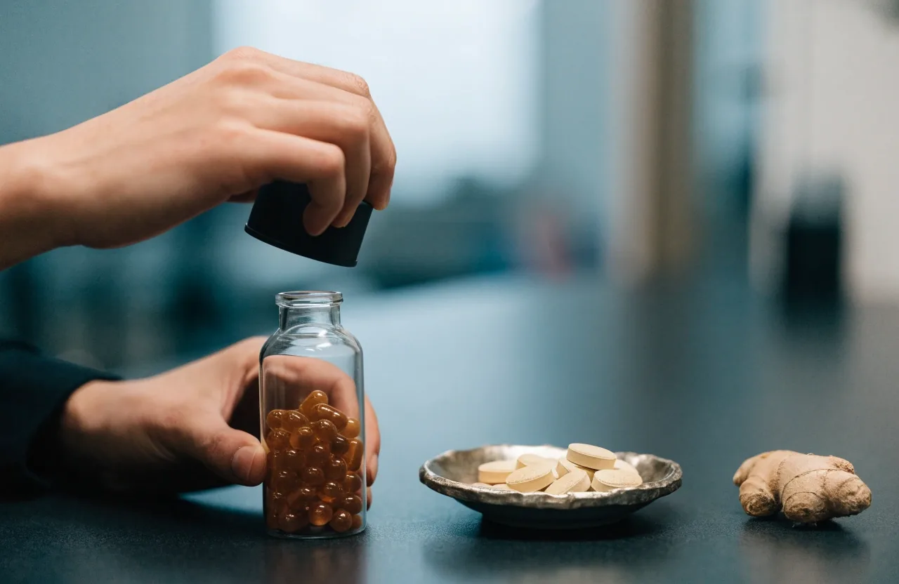 Cool-toned workbench surface with a glass vial edge out of focus