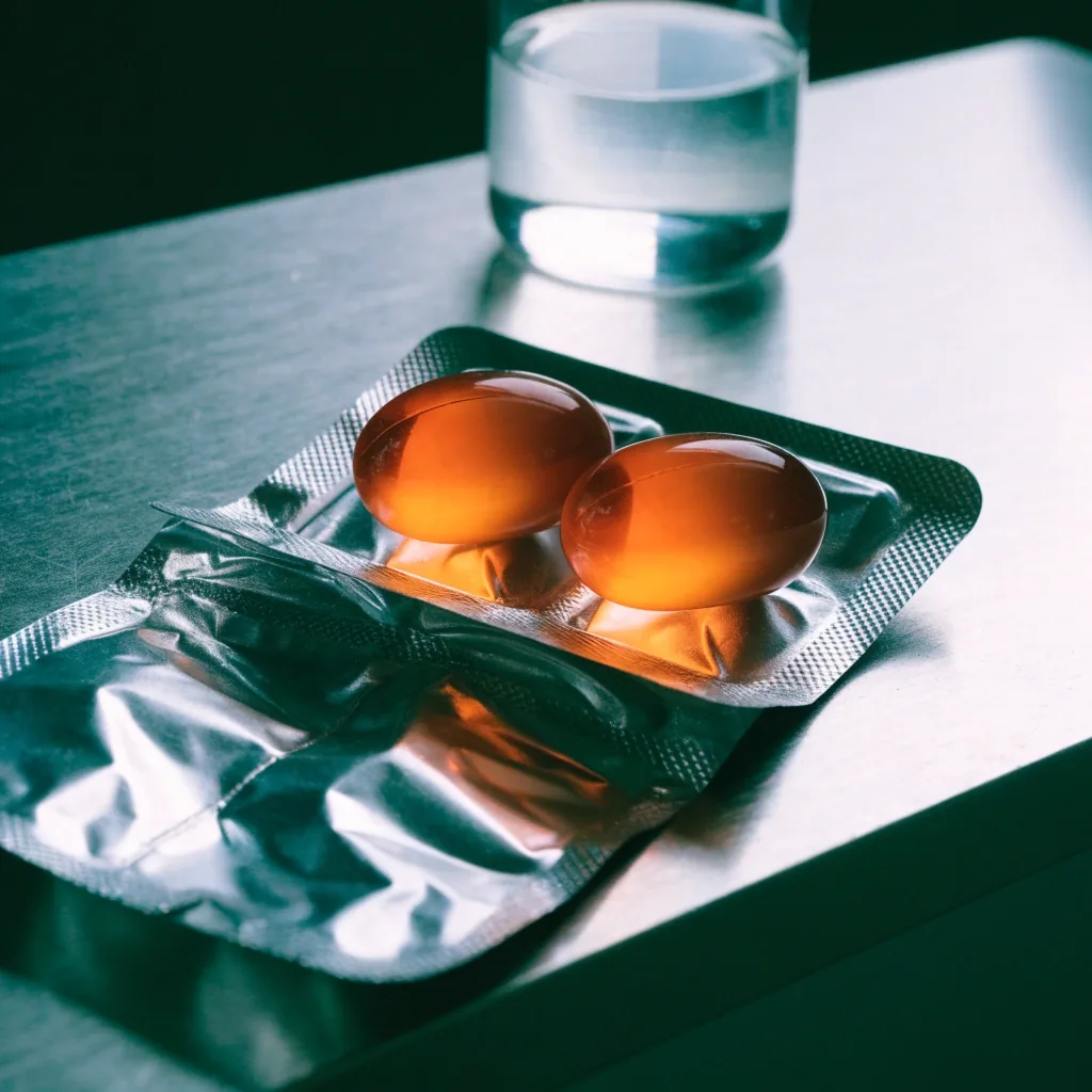 Amber capsules in a foil blister tray on a brushed aluminium bench under cold cleanroom light