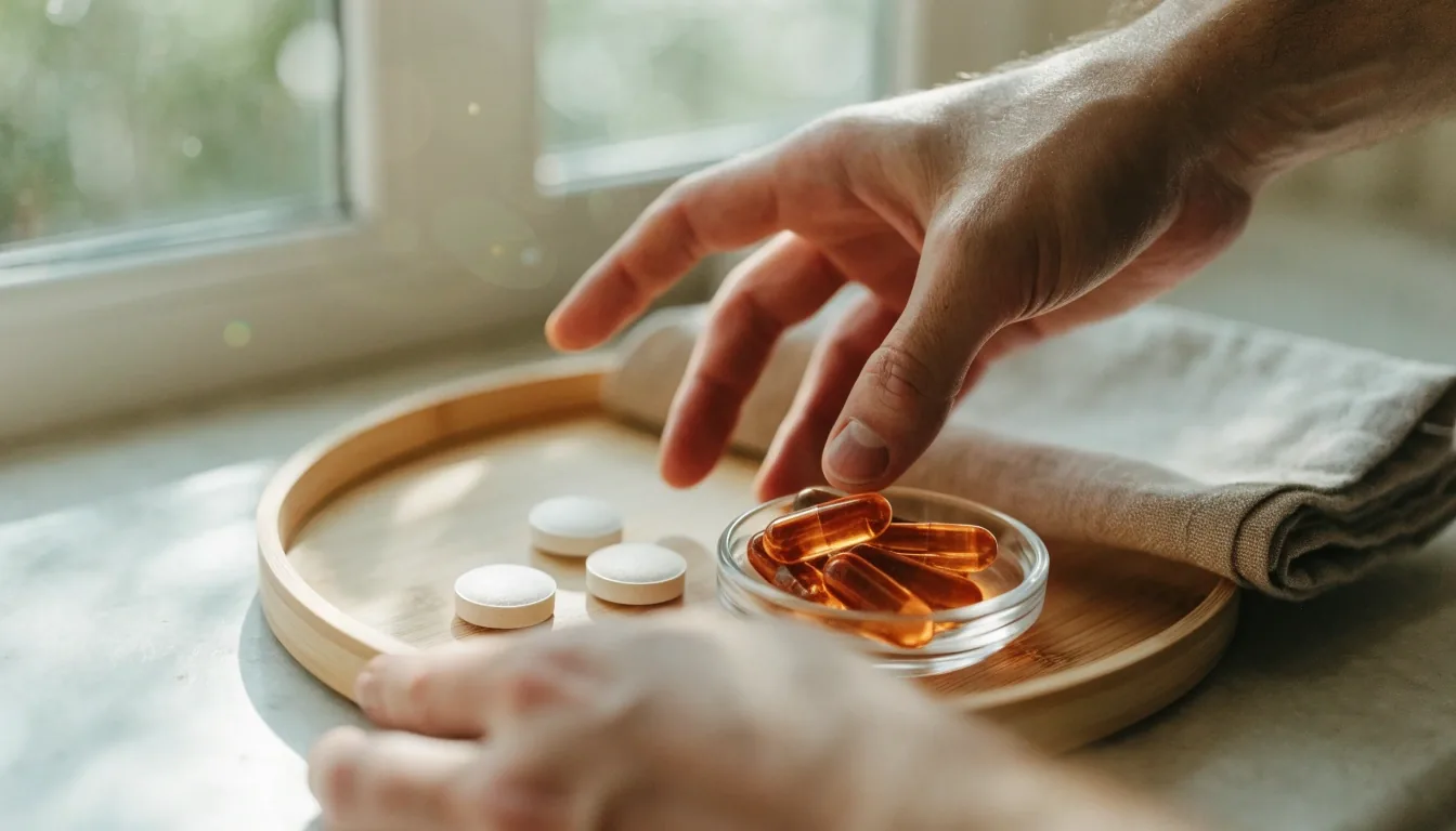 A hand beside a matte supplement container and a small stack of plain tablets on an ice-white counter