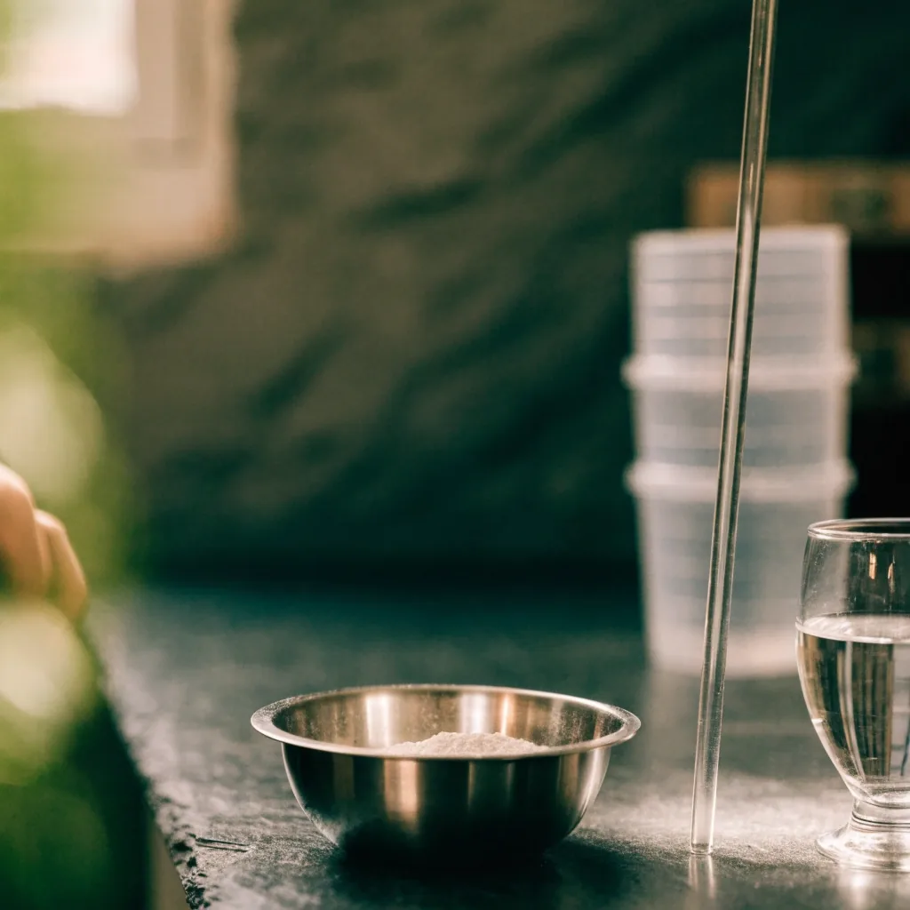 A glass beaker of water beside a metal scoop of white mineral powder on a stainless bench