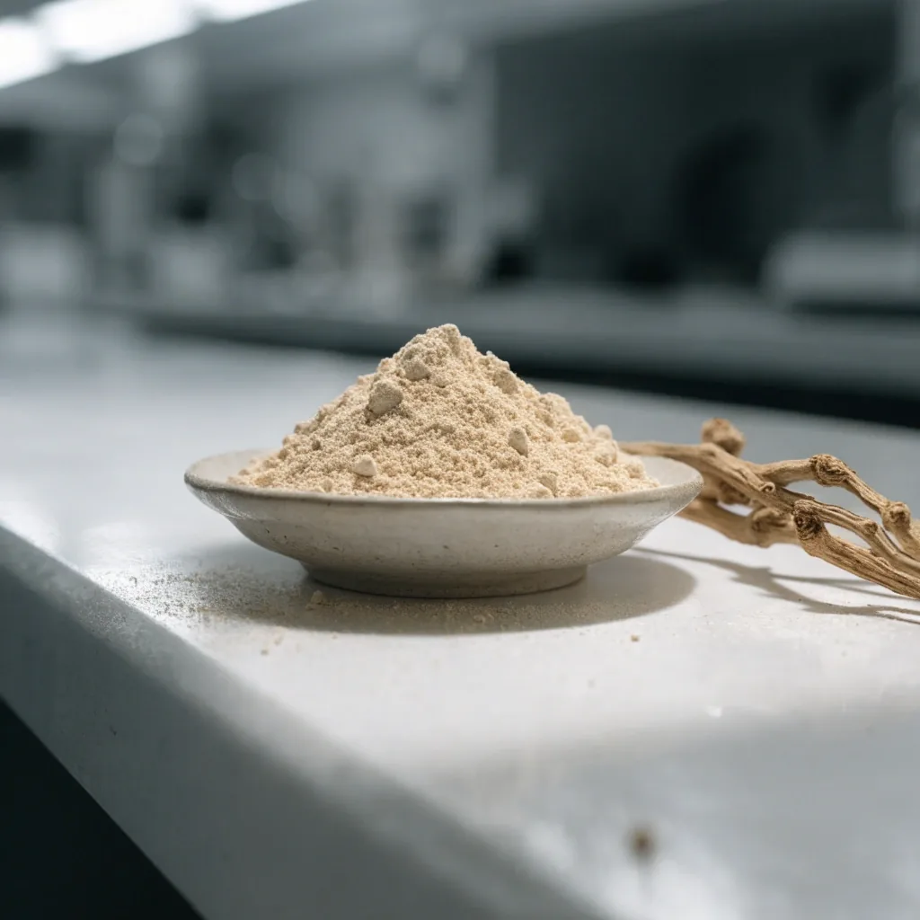 Pale ashwagandha root powder in a matte dish beside a dried root on a white bench