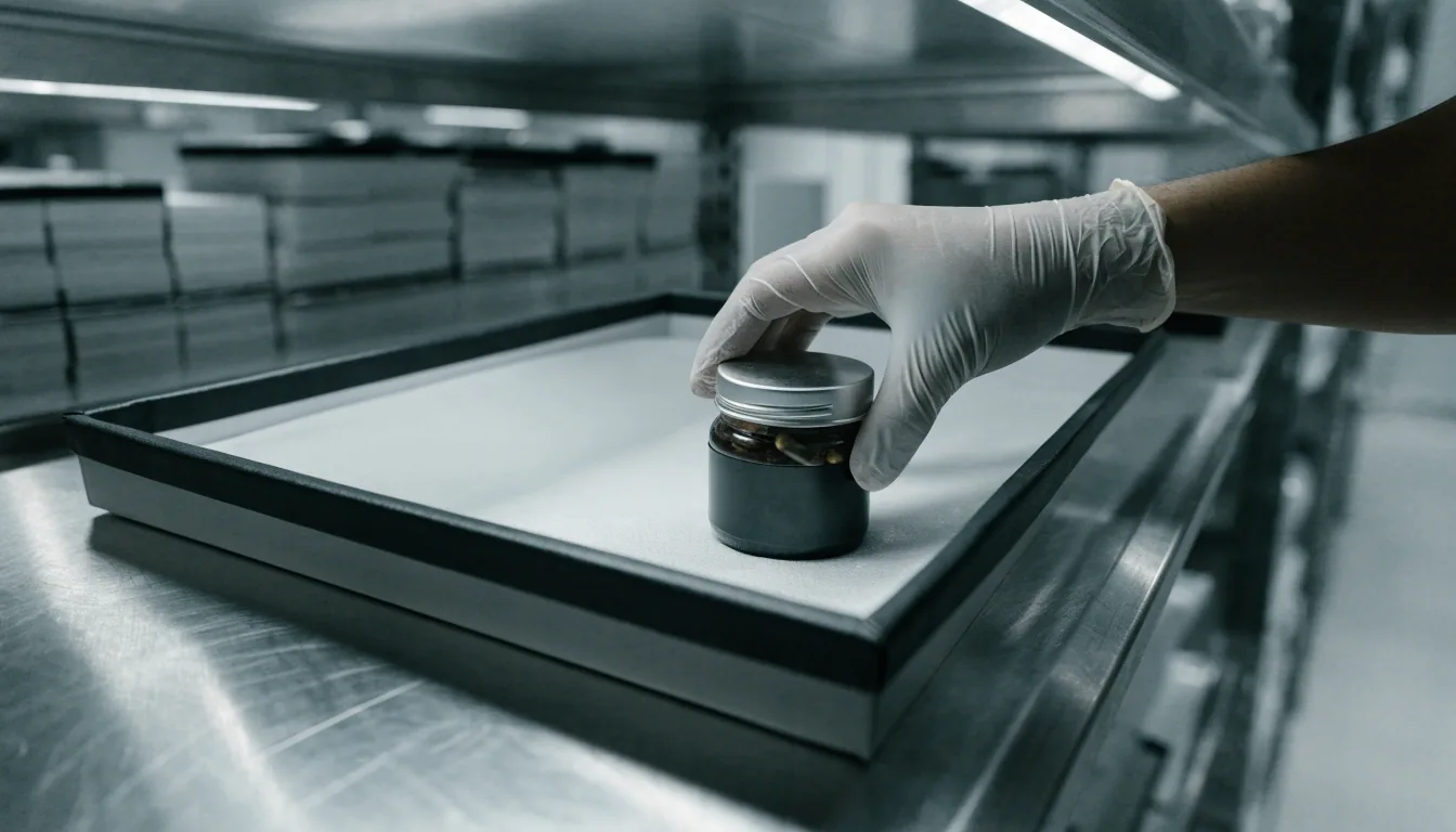 A hand lifting a matte black supplement container from a clean ice-white counter