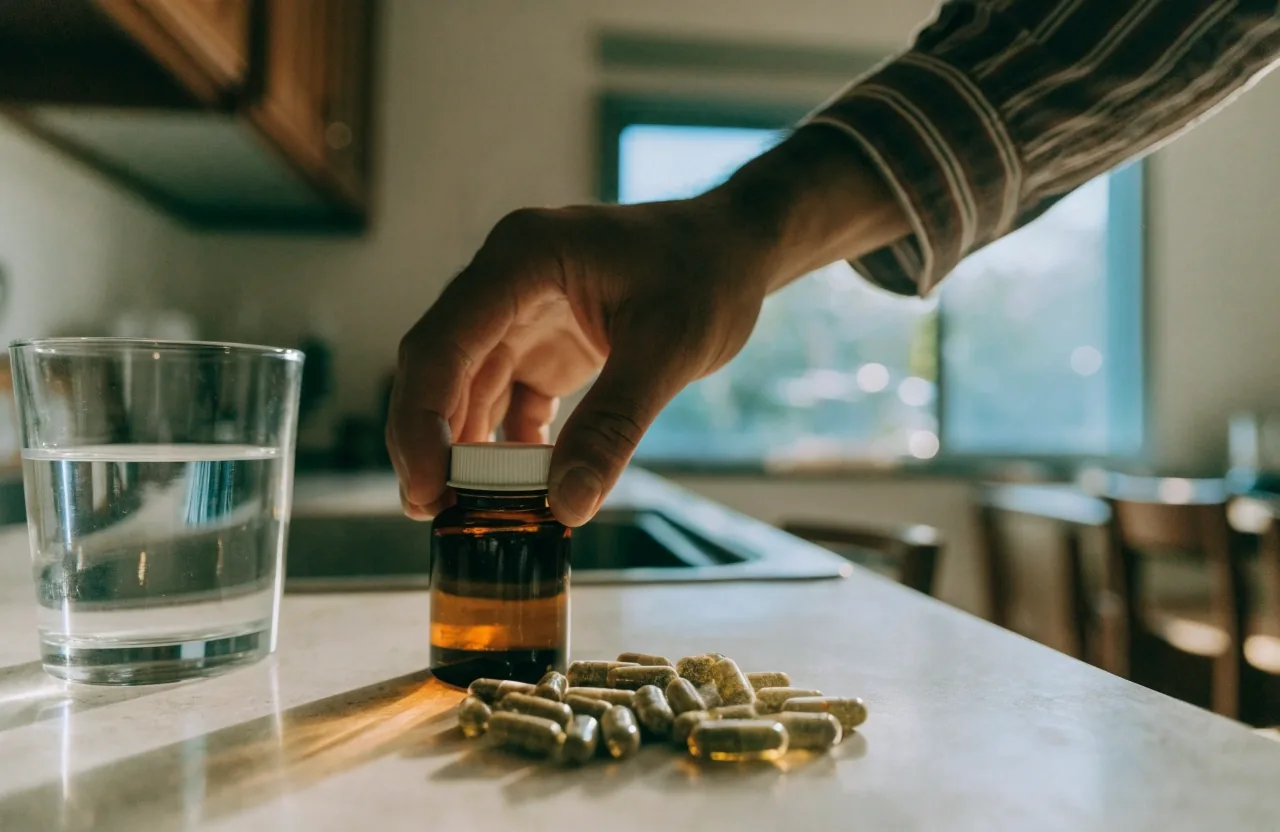A small matte white supplement jar with capsules spilled on an ice-white counter