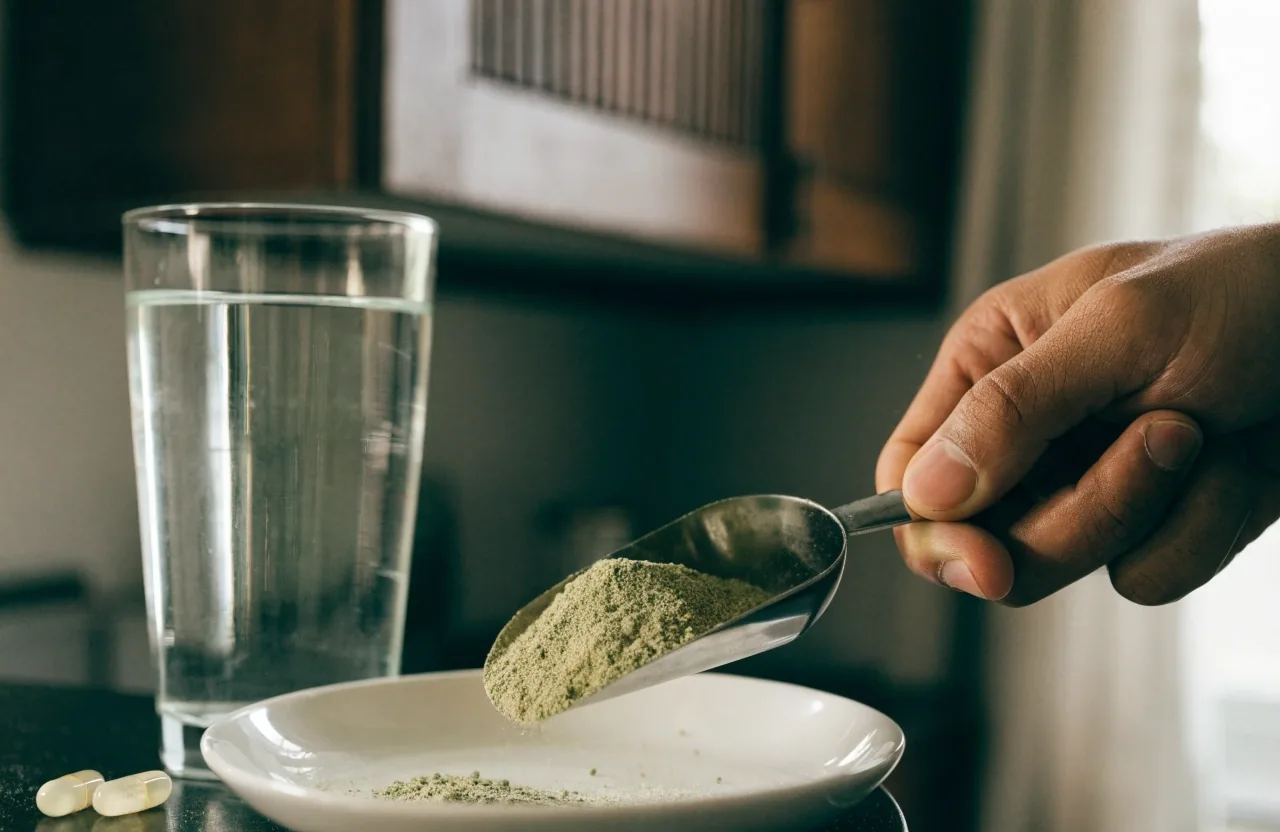 A steel dish of pale green powder beside two clear capsules on an ice-white bench