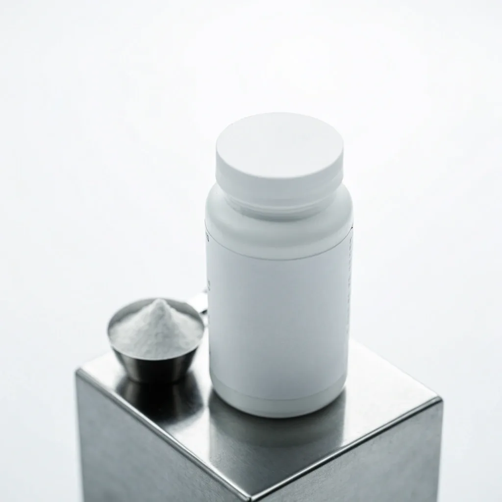 A plain supplement bottle and steel scoop of powder on a brushed stainless plinth