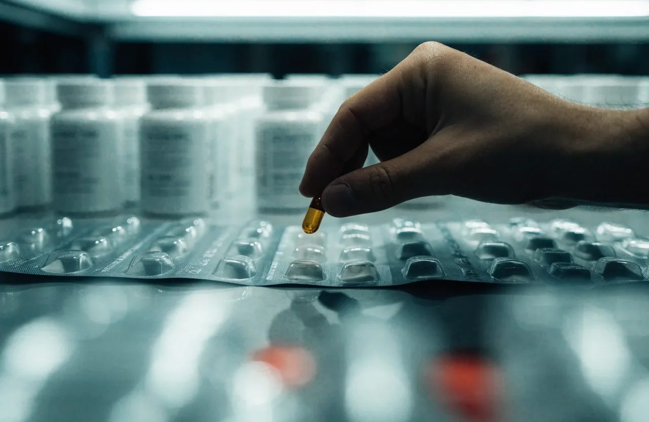 Amber capsules in an open foil blister tray on a brushed metal bench under cool overhead light