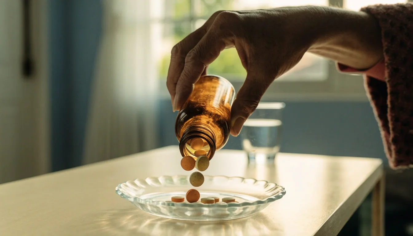 An open chrome weekly pill organizer with tablets on an ice-white counter